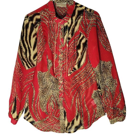 Carrie Allen Animal Print Button Up Blouse Women M Red Leopard LS Sheer Mob Wife - Picture 1 of 13